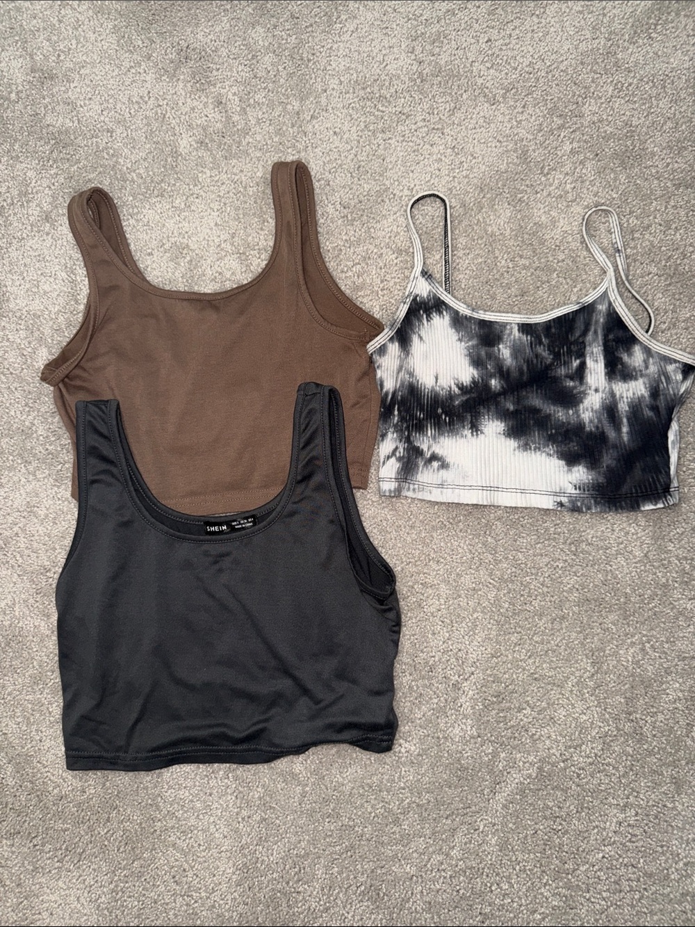 SHEIN Black, Brown & Black-White Tie-Dye Ribbed Cropped Tank Set